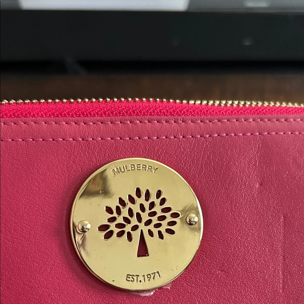 Mulberry Pink Zip-Around Wallet with Gold Tree Emblem